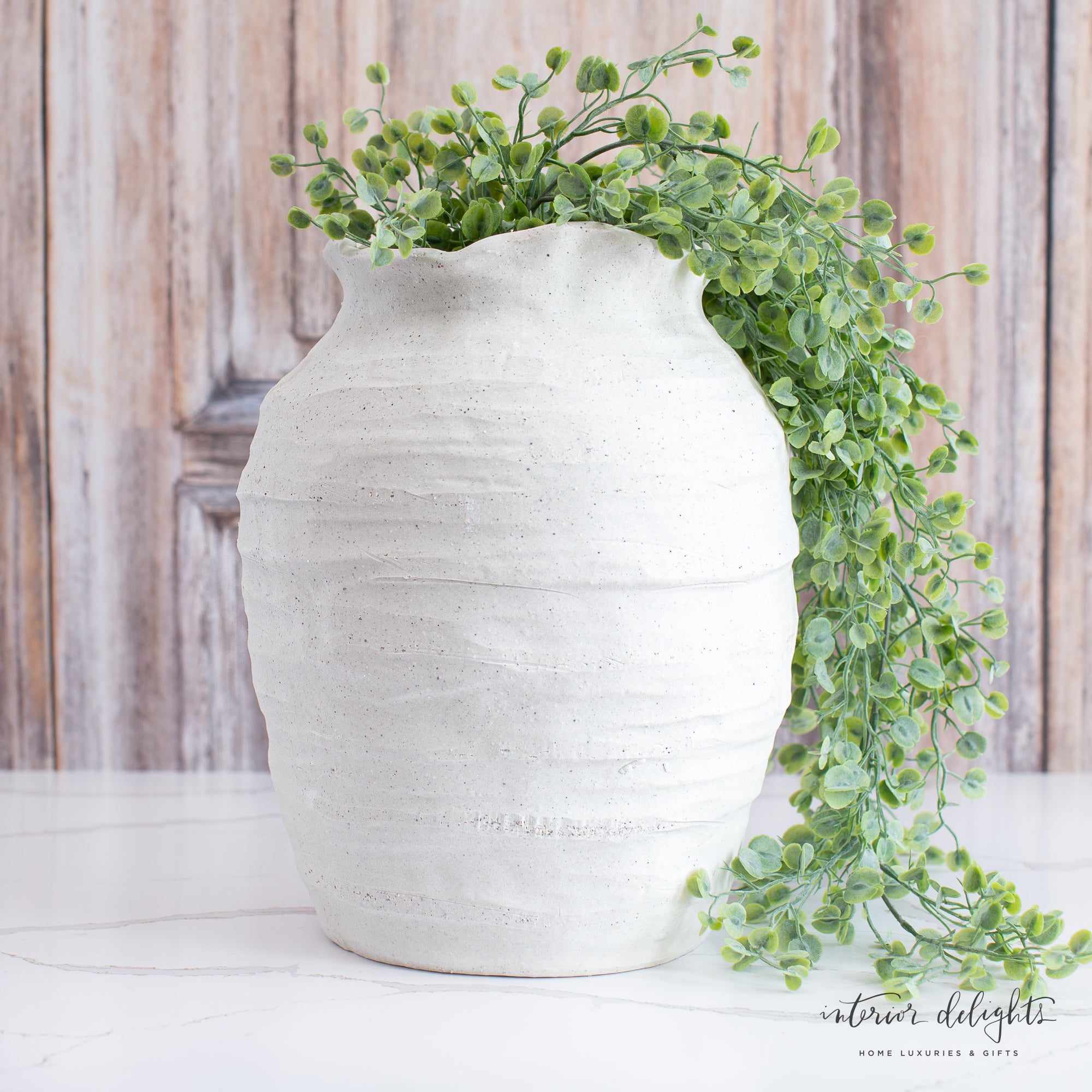 12” White Scalloped Top Stoneware Vase