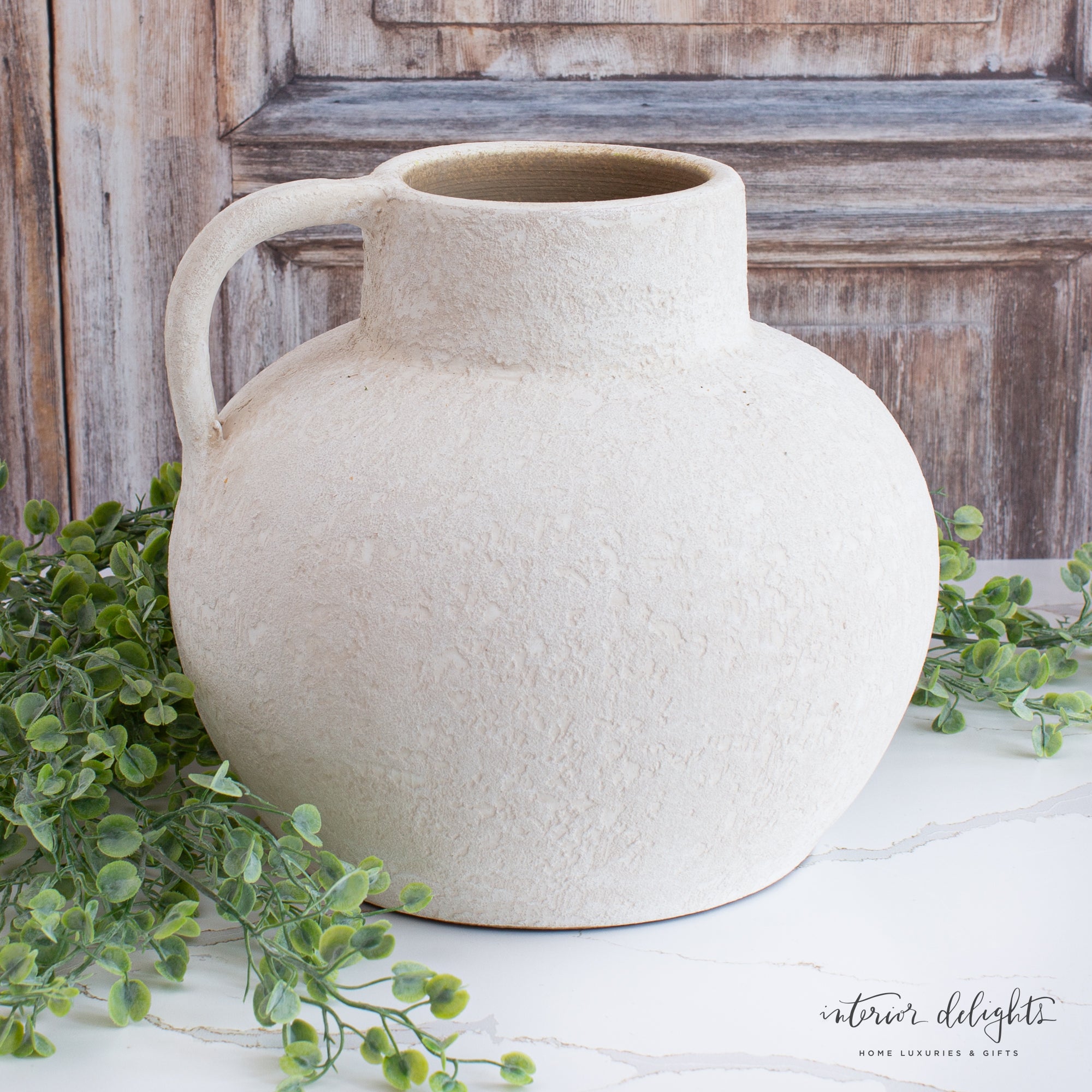 10” Luxe Heavy Textured White Handle Vase